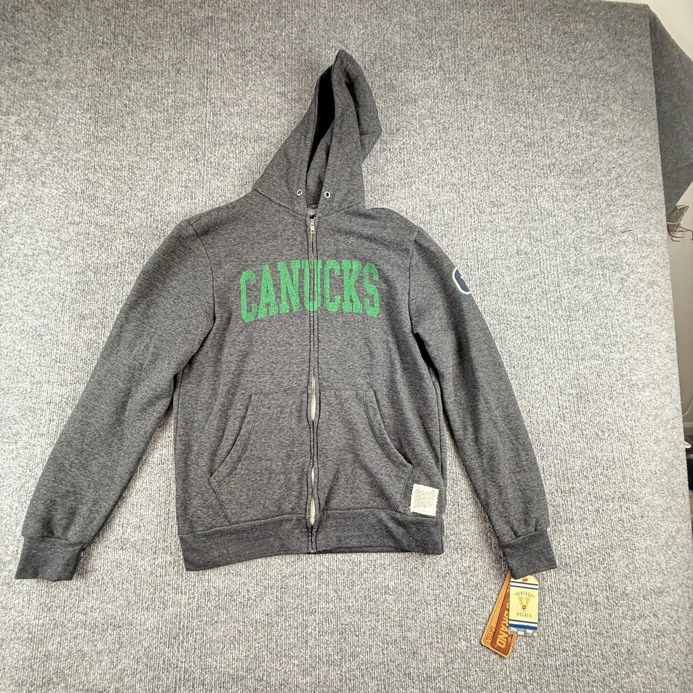 Vancouver Canucks Hoodie Jacket Mens Small Gray NHL Hockey Retro Brand Zip Up